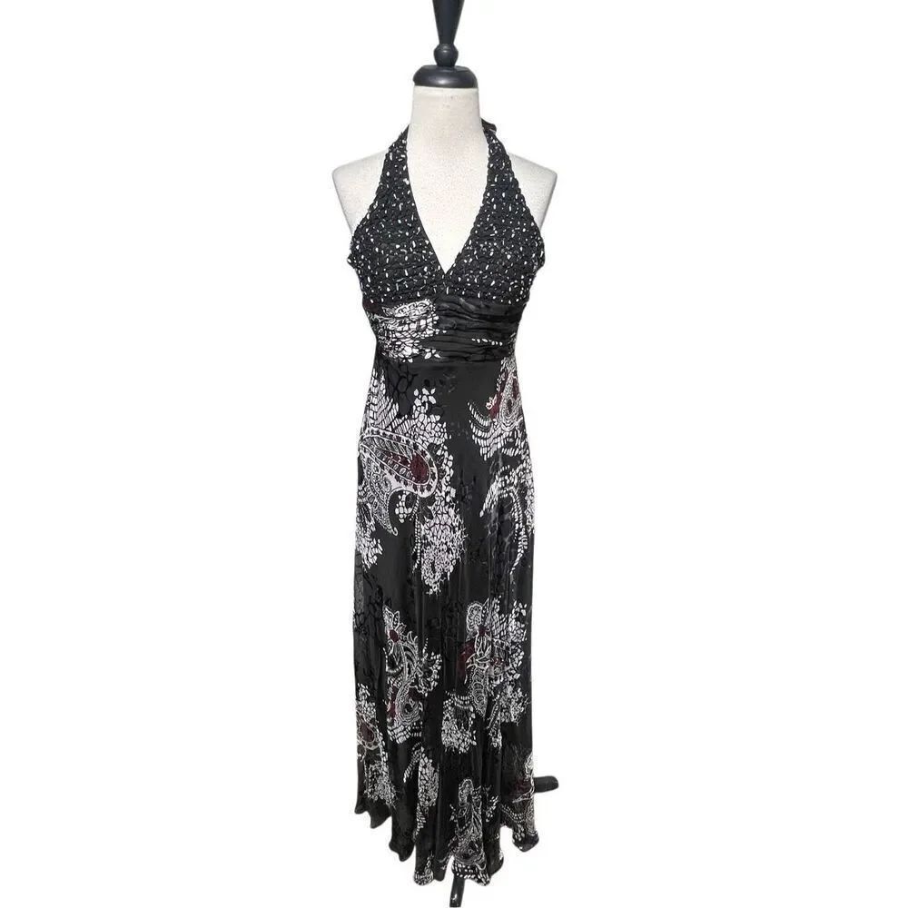 90's Y2K Nina Austin Beaded Velvet Burnout Sexy Maxi Prom Gown Formal Dress XS